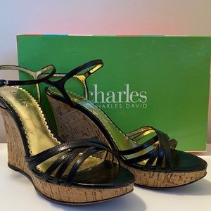 Charles David Dahlia black leather and cork wedge